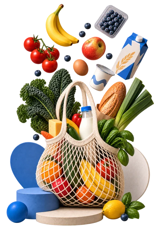 Boodschappentas gevuld met verse groenten, fruit, brood en zuivel